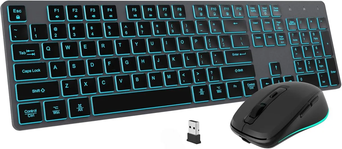 Space Gray wireless keyboard and mouse set, slim full-size keys with LED backlight