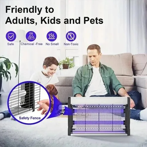 Rectangular electric bug zapper with UV light and protective grid, freestanding or hanging