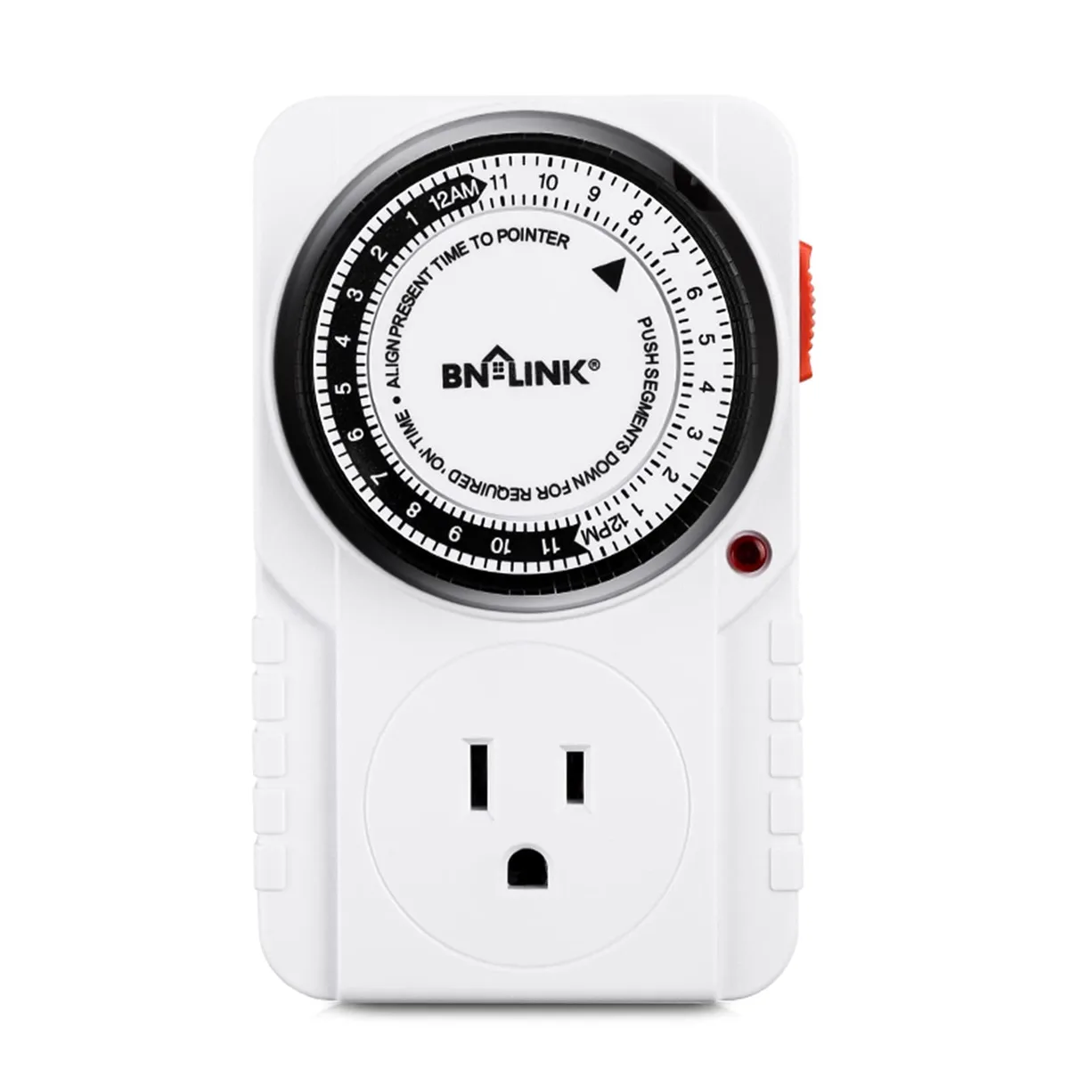 White rectangular mechanical timer outlet with built-in pin dial and three-prong plug