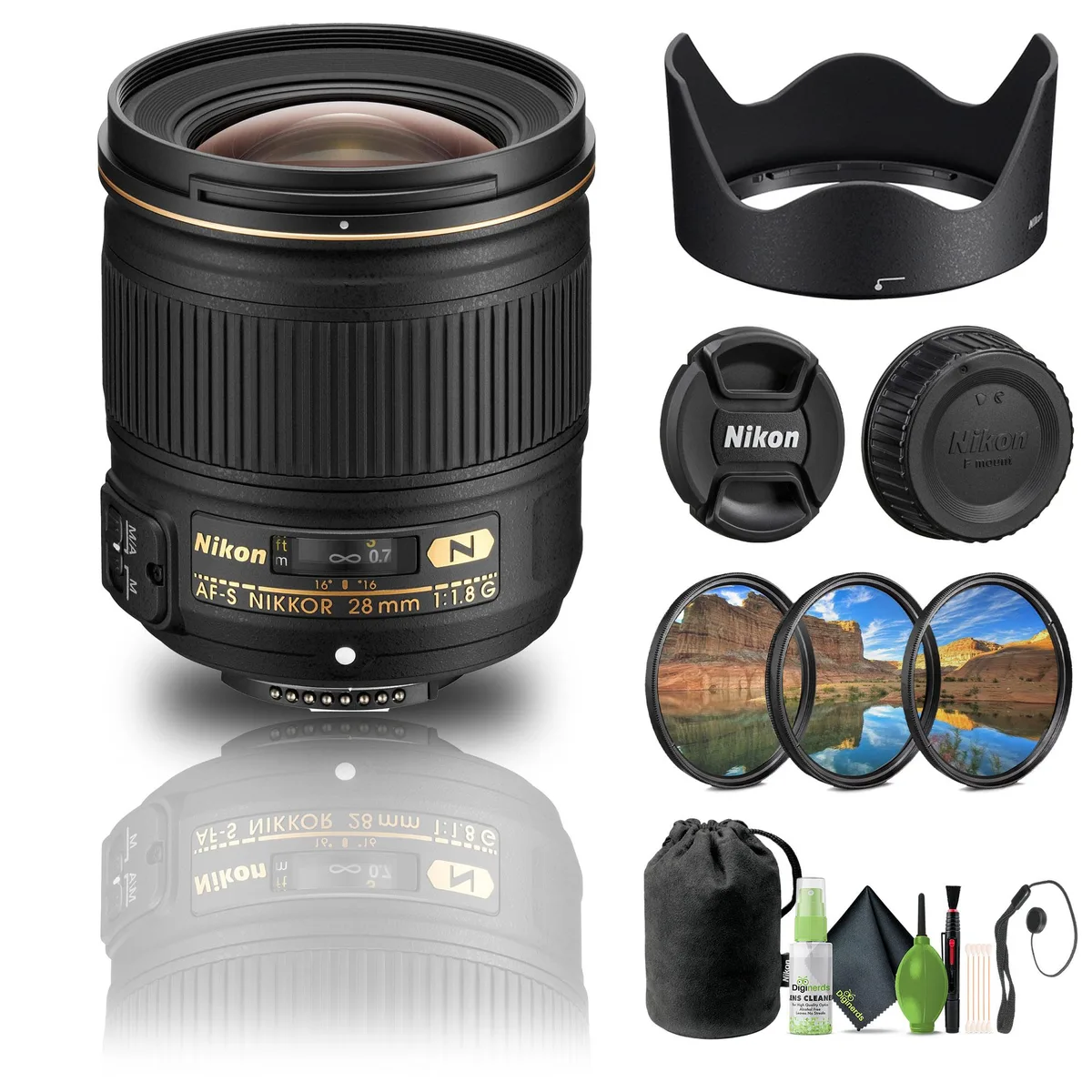 Nikon Inc Nikon AF-S NIKKOR 28mm f/1.8G Lens (2203) Bundle with Filter Kit, Cap Keeper, Cleaning Kit — product photo