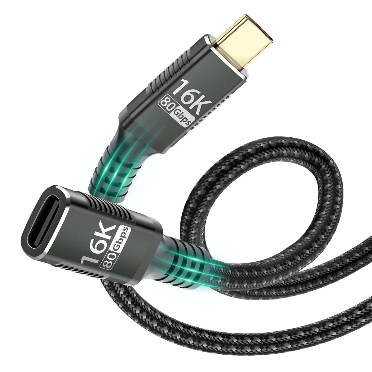 Short braided USB-C male-to-female extension cable, nylon jacket, gold-plated connectors