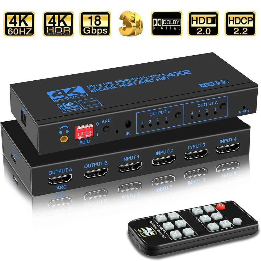 WRIARICH WRIARICH 4x2 HDMI Matrix Switch 4K 60Hz ARC 2.0 EDID Extractor Remote (OZJ2-1) — product photo