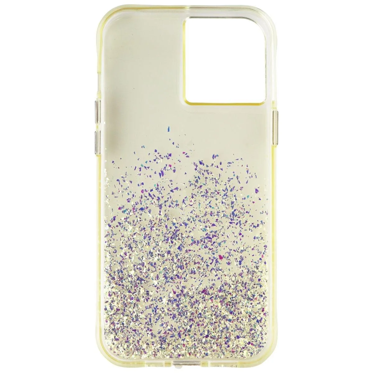 Clear rigid plastic case for iPhone 12 Pro Max with multicolor glitter ombre finish and metallic buttons