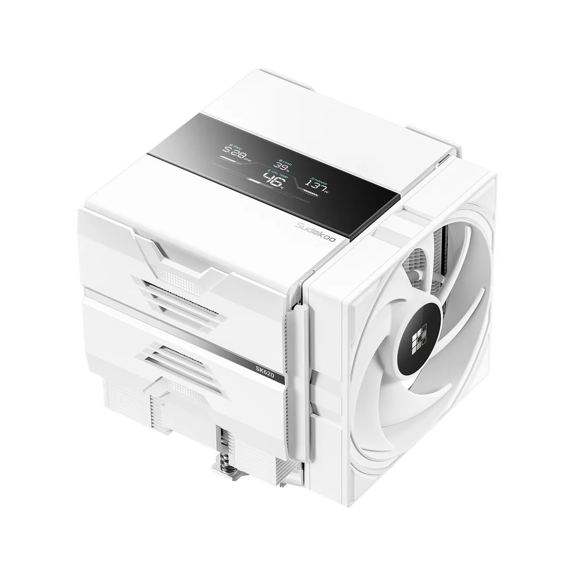 White dual-tower CPU air cooler with digital display and two 120mm fans