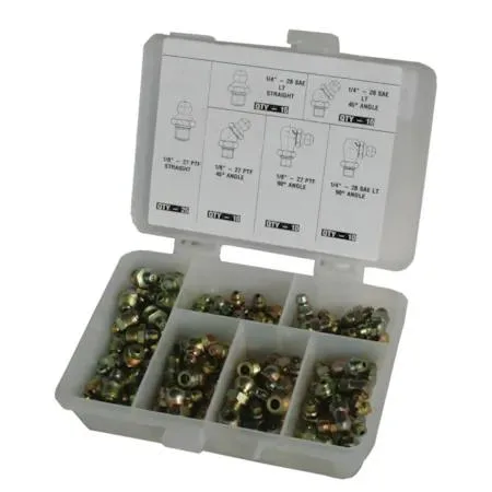 Plastic case with labelled compartments holding 80 yellow zinc-plated steel grease fittings