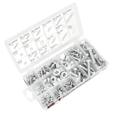 Clear plastic case with 240 zinc nuts and bolts