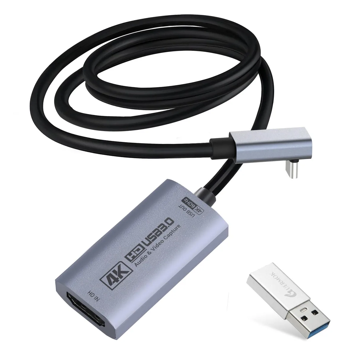 Small silver capture card with short cable and USB-C connector