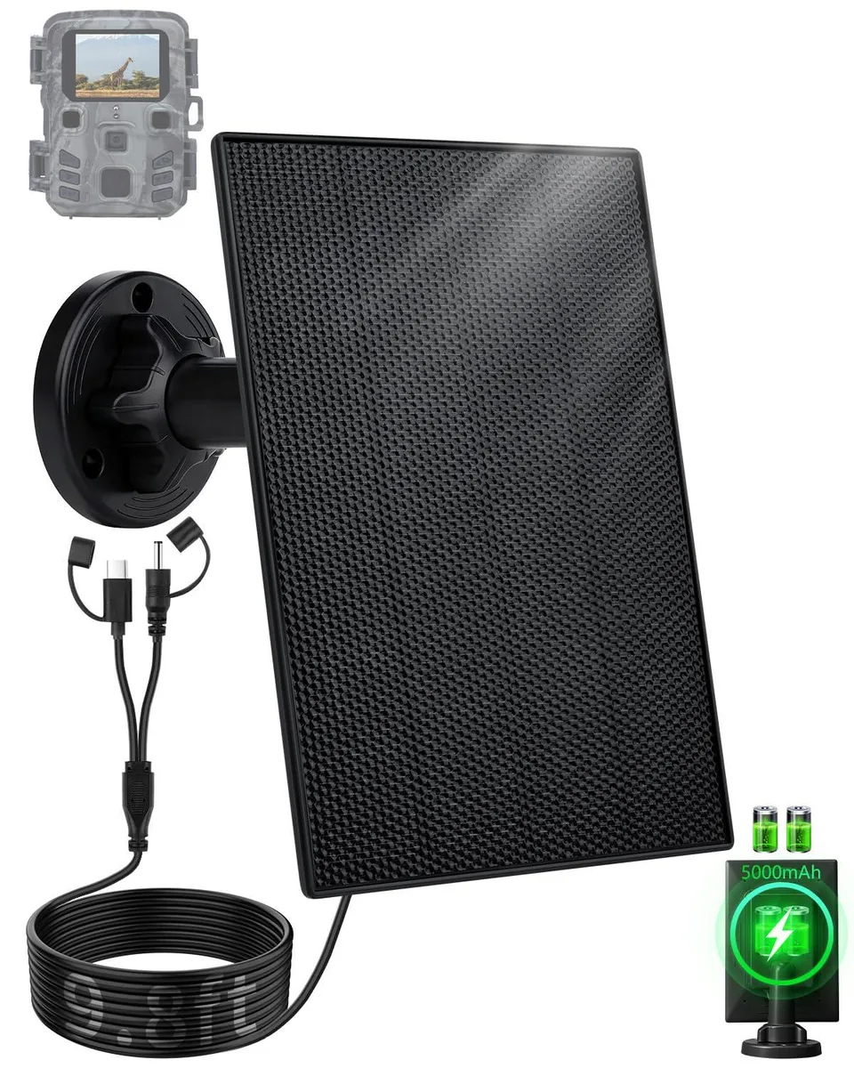Rectangular solar panel with built-in battery, dark finish, adjustable bracket, 9.8ft cable