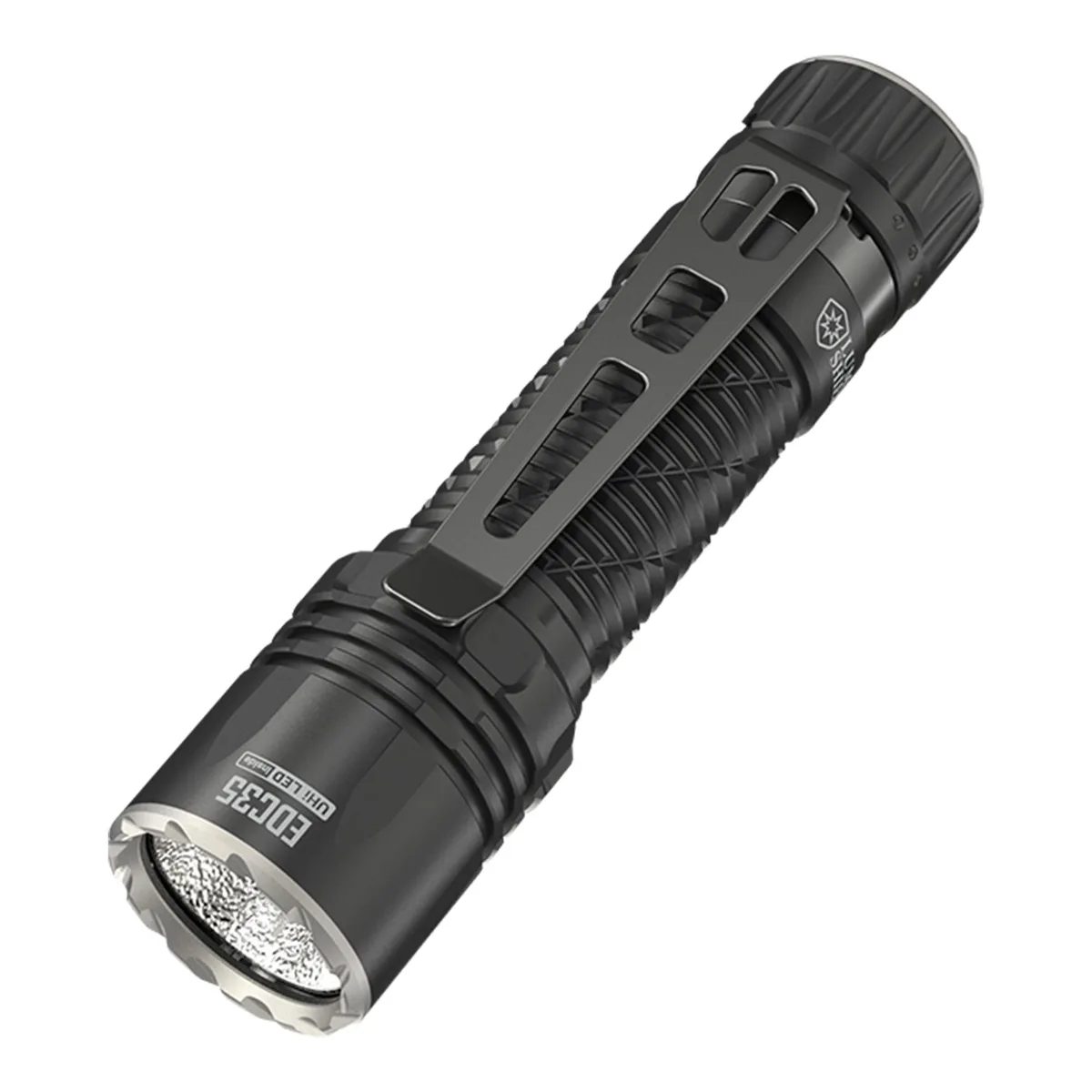 Black cylindrical EDC flashlight with pocket clip and USB-C tail cap