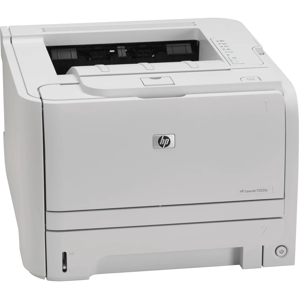 White rectangular office laser printer with front paper tray and top output bin