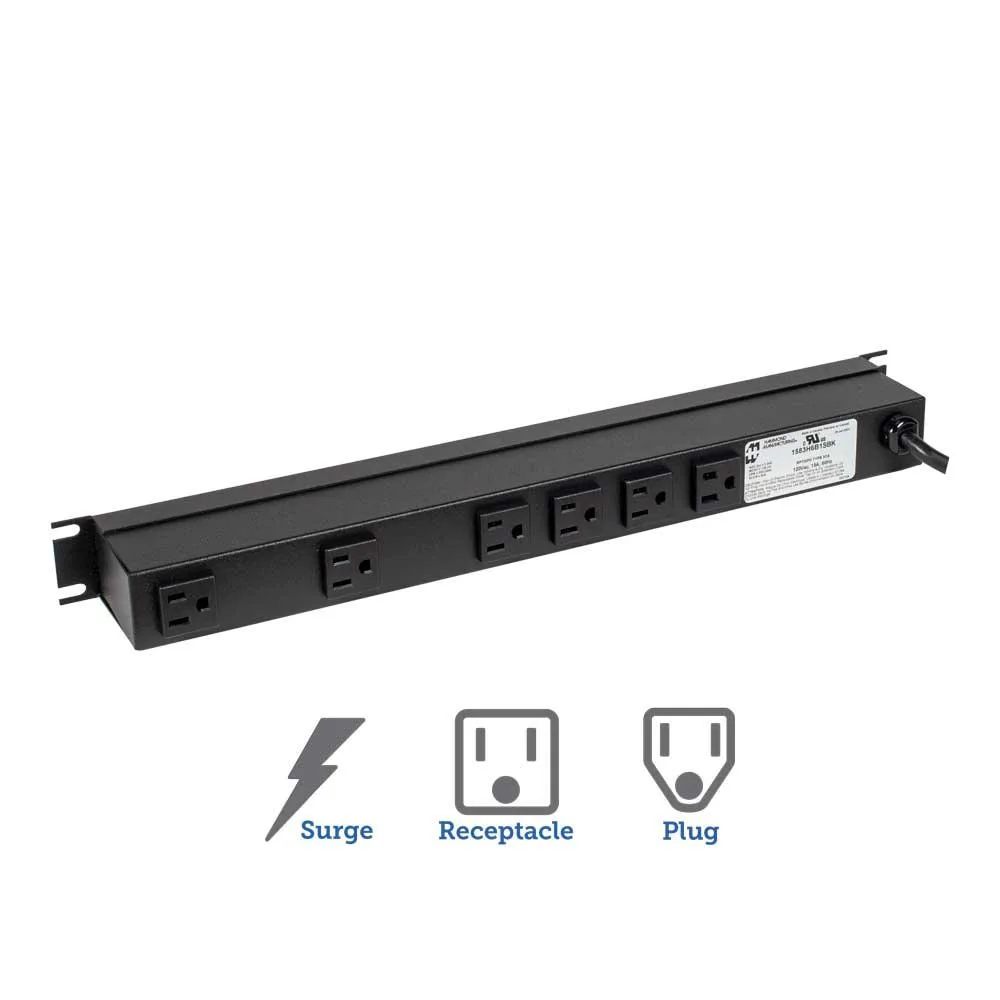 RackSolutions RackSolutions 15A Horizontal Rackmount Power Strip 6 Outlets 15ft Cord — product photo