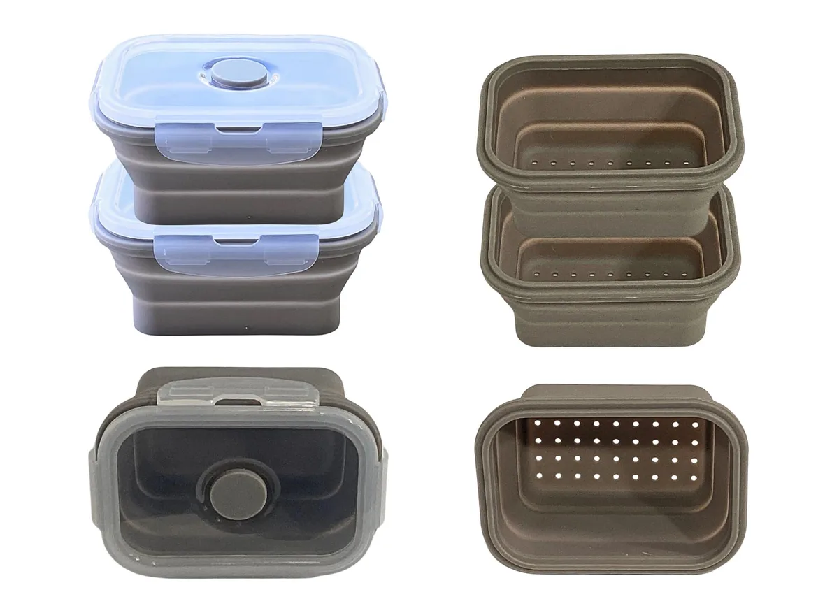 Six red collapsible silicone containers and strainers with plastic lids