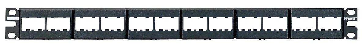Black 19-inch steel patch panel with 24 ports