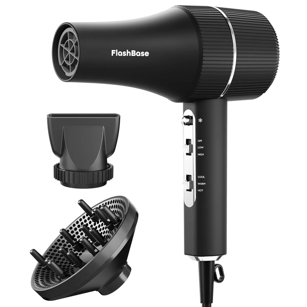 Black ionic hair dryer with diffuser attachment, compact cylindrical shape, matte finish