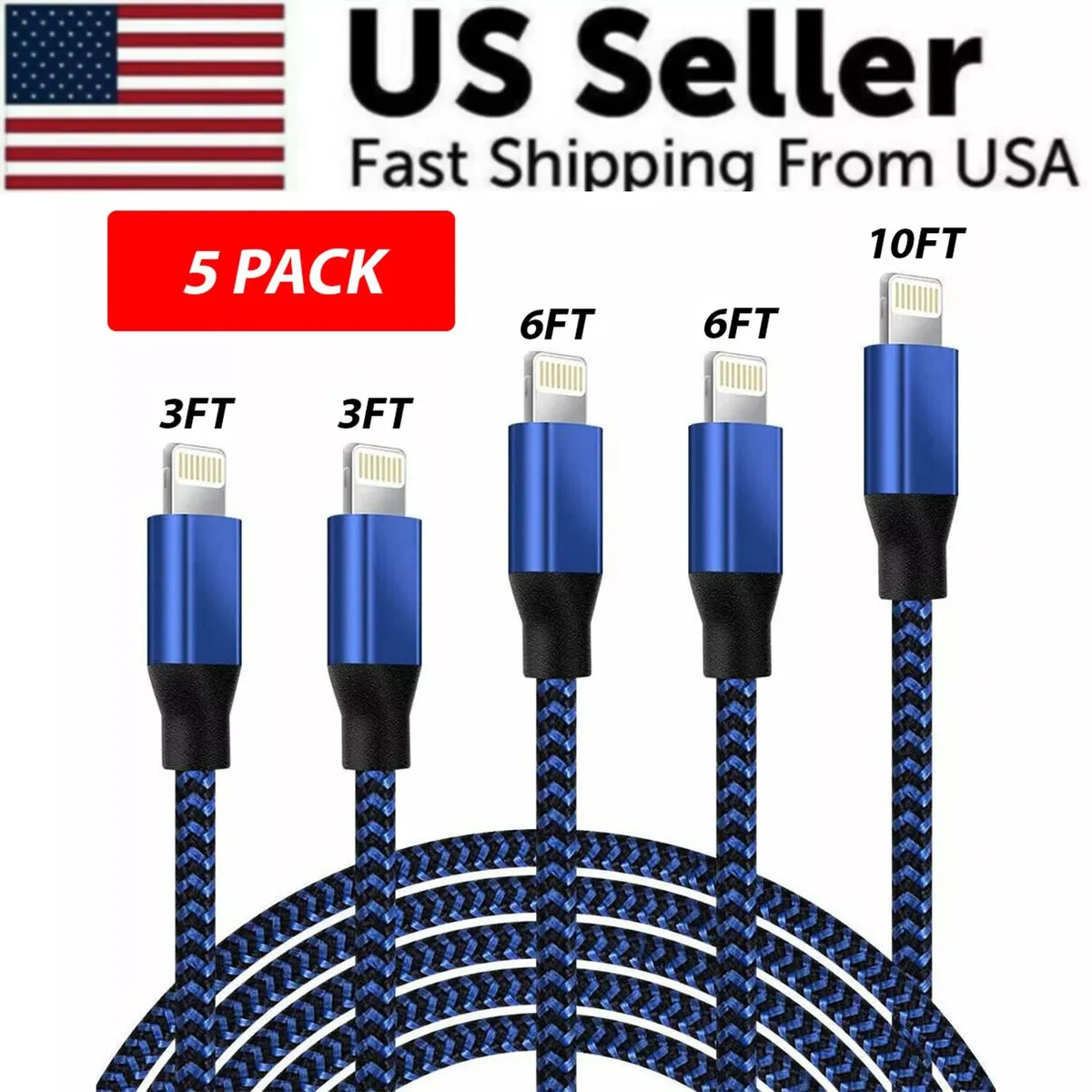 NShi NShi 5-Pack Lightning to USB-A Braided Cable 3ft 6ft 10ft Blue/Black or Red/Black — product photo