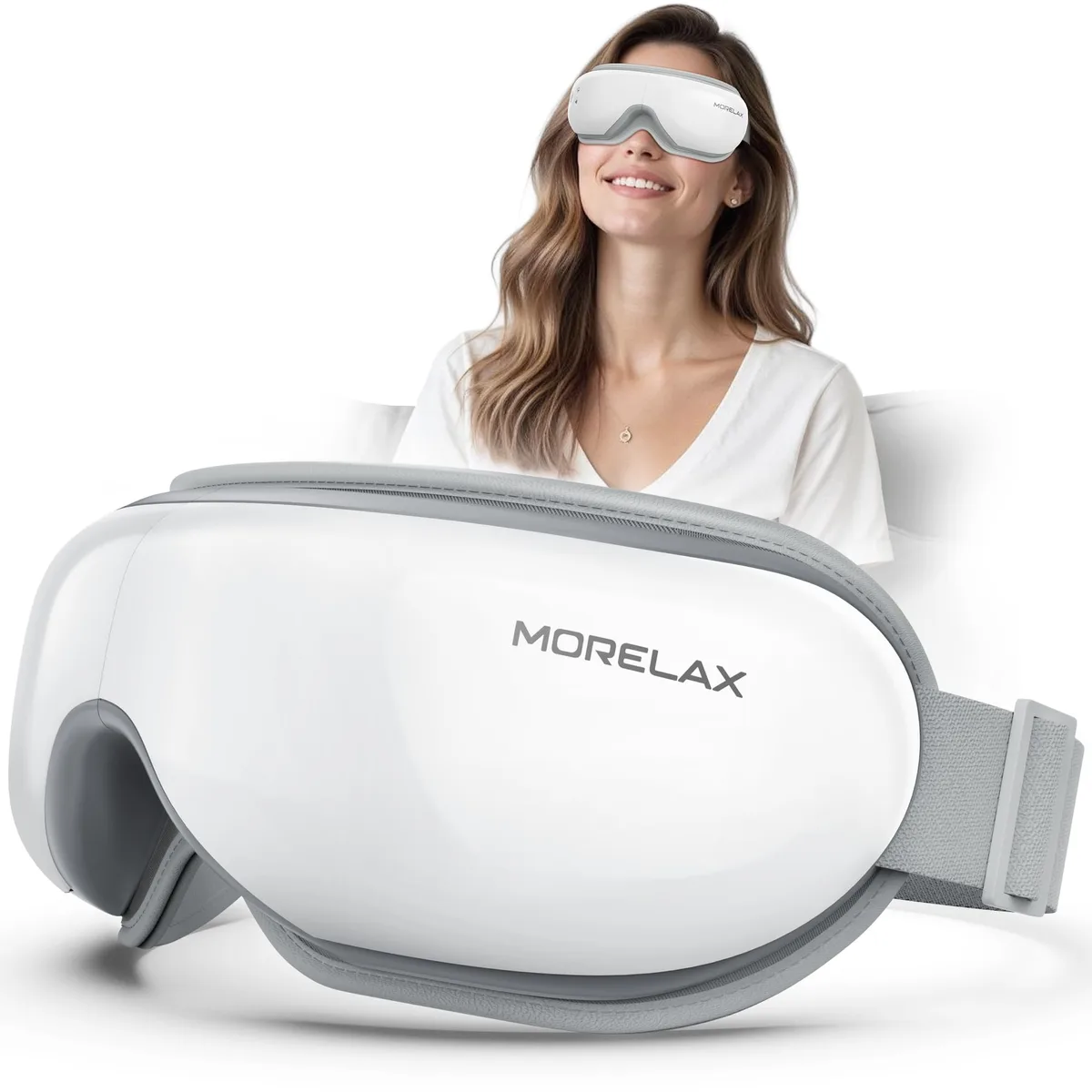 White foldable eye massager with adjustable headband and protein leather finish