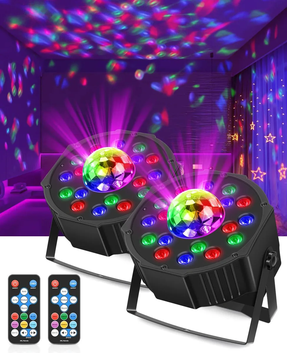 Two compact white acrylic disco lights with 18 LEDs each, floor-mountable, sound-activated with DMX control