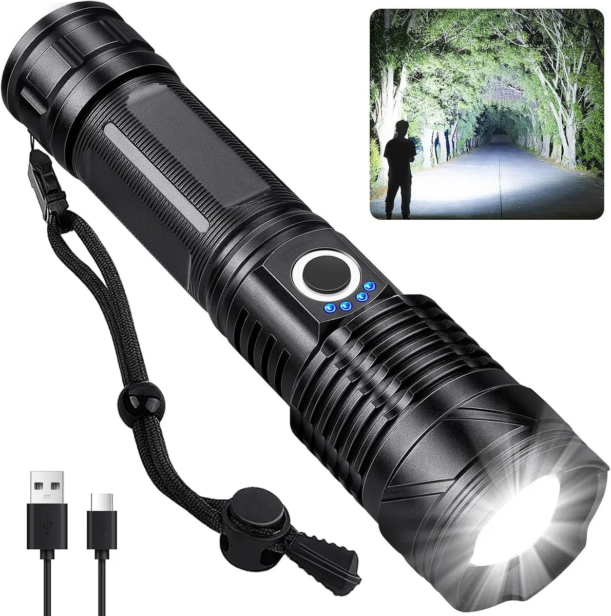 Cylindrical rechargeable flashlight with textured grip and blue power indicators