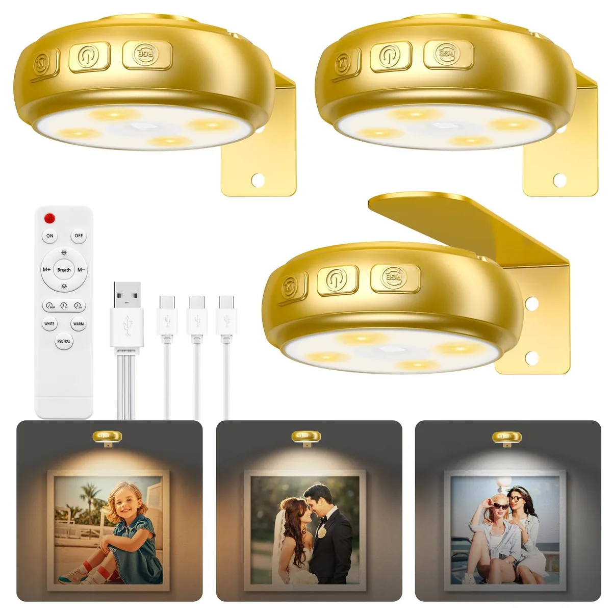 Three gold plastic picture lights with remote control