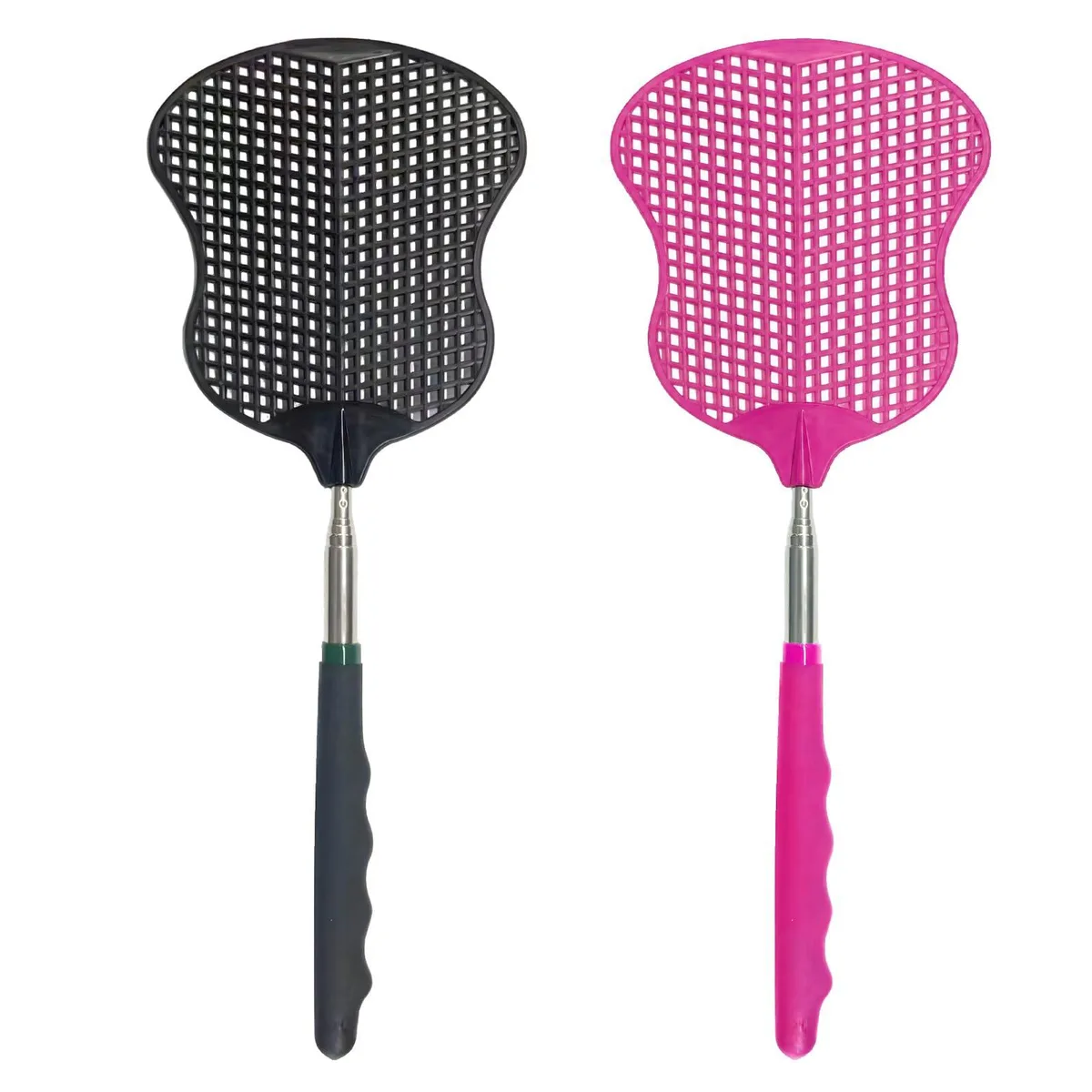 Two fly swatters, black and hot pink, telescopic handles extended to 25 inches