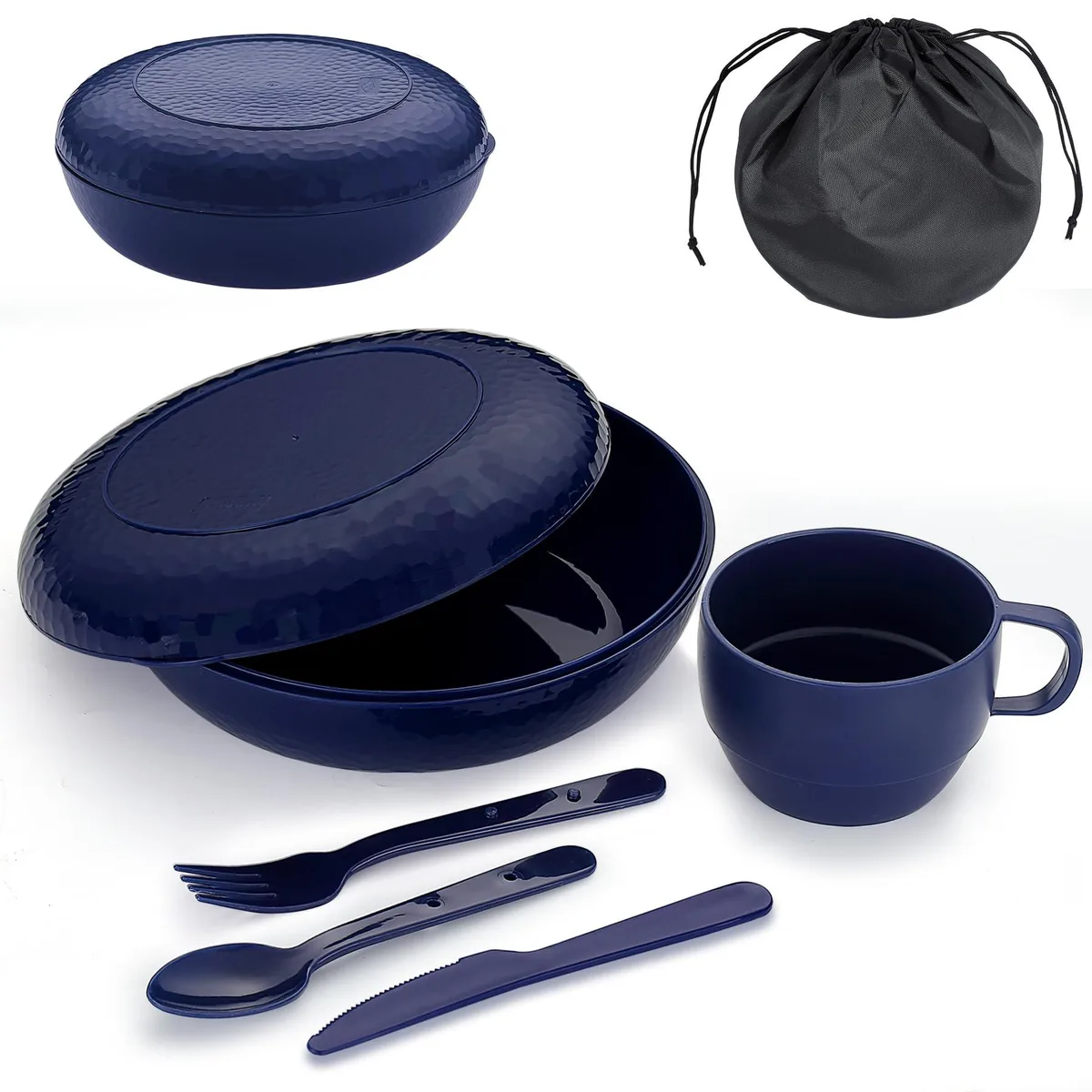 Silver bamboo seven-piece camping mess kit nested in carry bag
