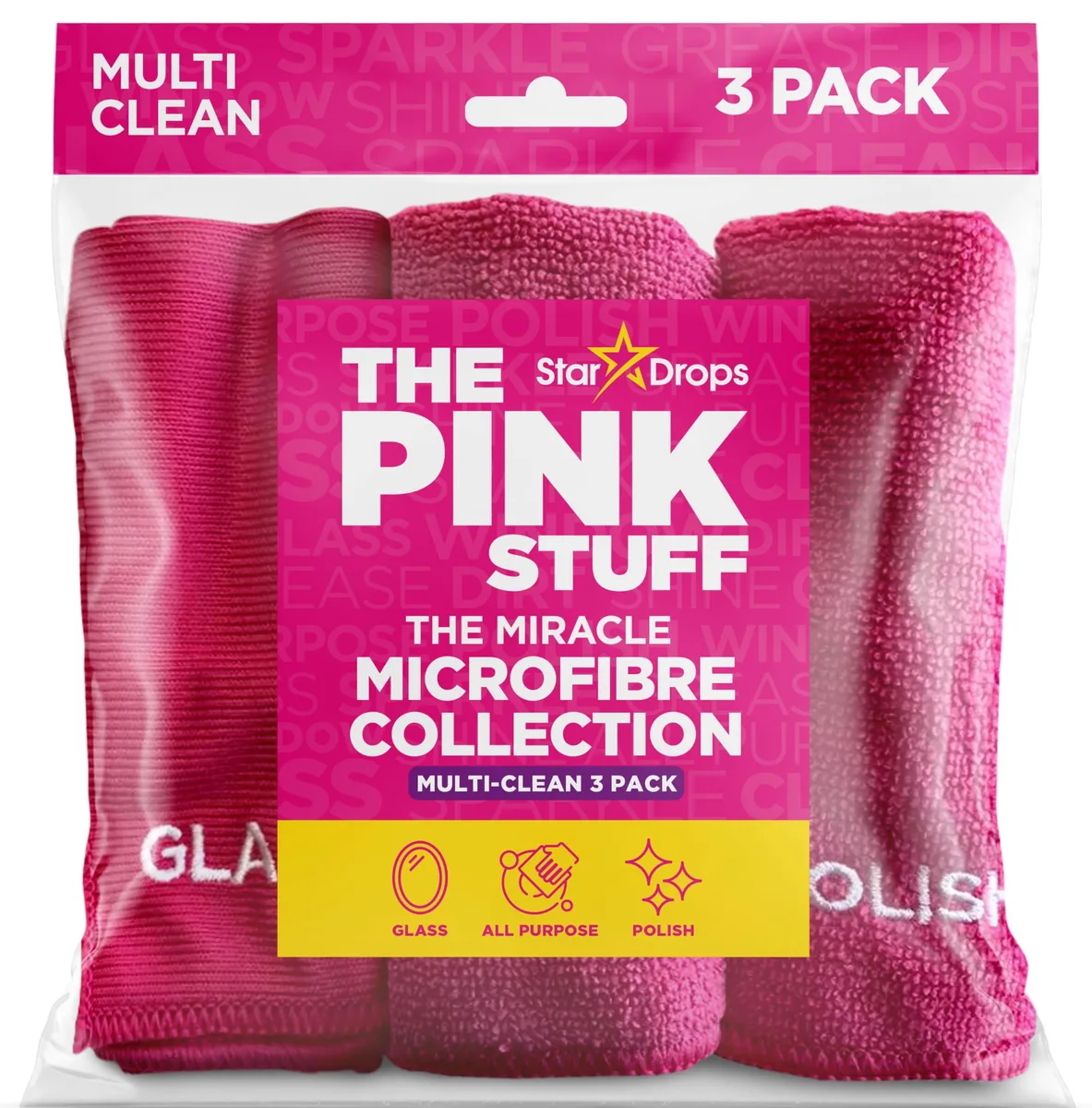 Three pink microfibre cloths stacked, square with rounded corners, soft plush texture