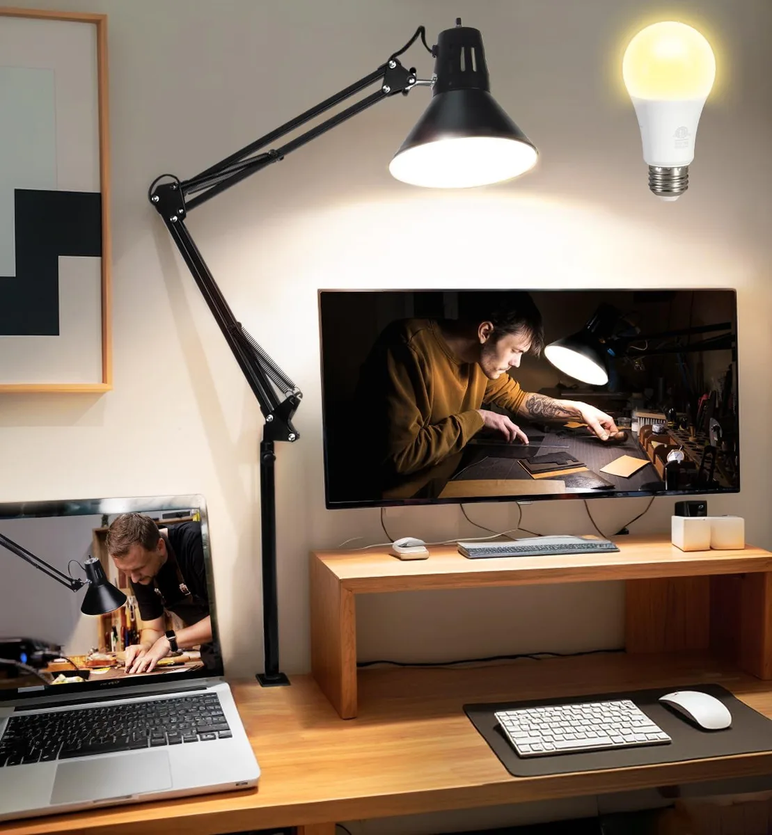 Black metal desk lamp with clamp, 41 in adjustable swing arm, top-mounted rotary switch, warm white LED bulb, rubber-padded base