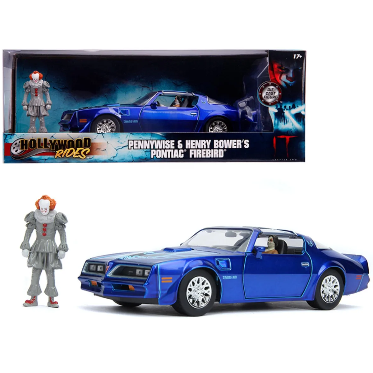 Jada Jada 31118 Henry Bowers Pontiac Firebird Trans Am Candy Blue 1/24 Diecast Vehicle with Pennywise Figurine — product photo