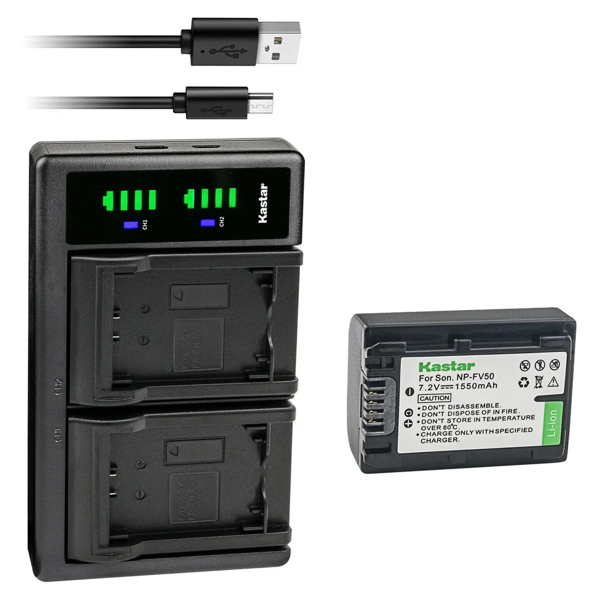 Kastar Kastar NP-FV50 Battery &amp; LTD2 USB Charger for Sony HXR-NX70 NX80 PXW-Z90V X70 DCR-PJ5 SR10 SR15 SR20 SR21 SR58 — product photo