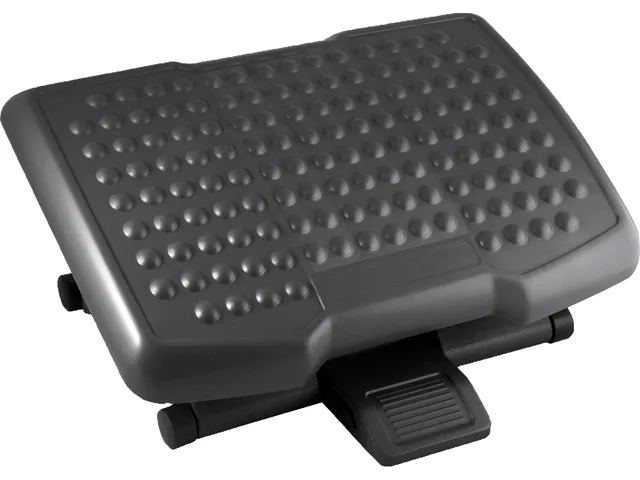 Black ergonomic footrest with textured surface and height adjustment mechanism