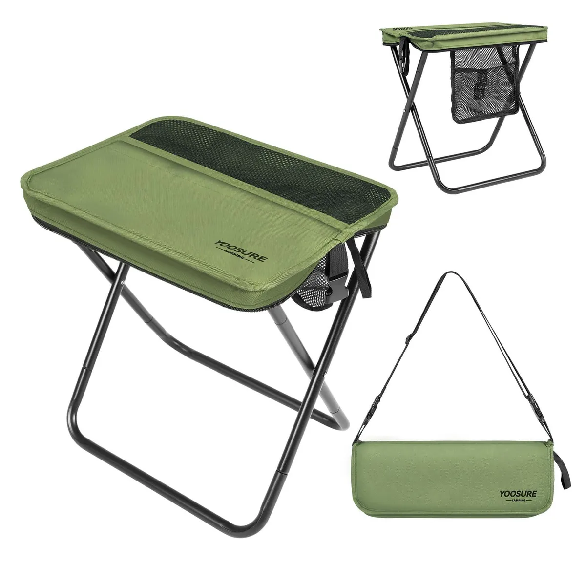 Green 16 inch folding stool with three storage pockets and carry bag