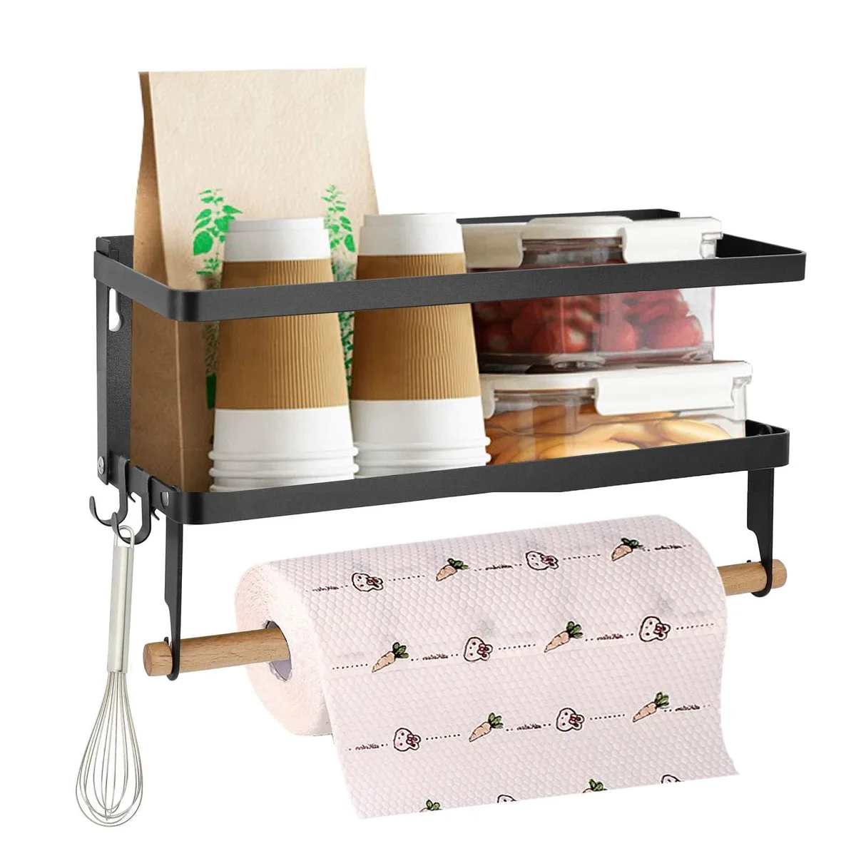Black two-tier magnetic spice rack with hooks and wood rod, folded against fridge
