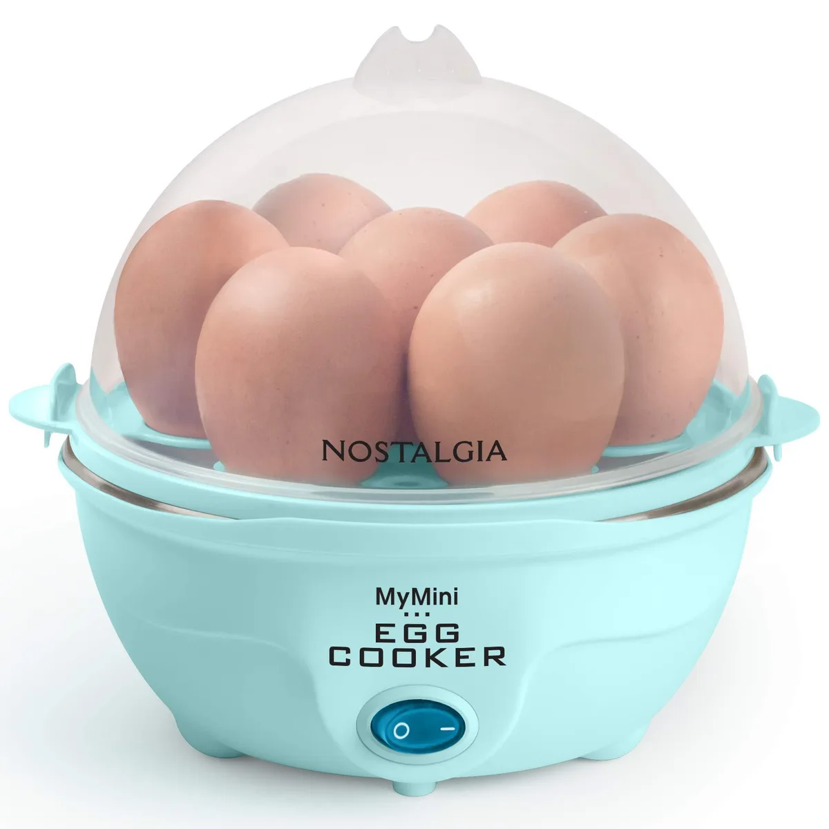 Compact aqua egg cooker with white lid and stainless steel tray, 7.17 by 6.34 inches