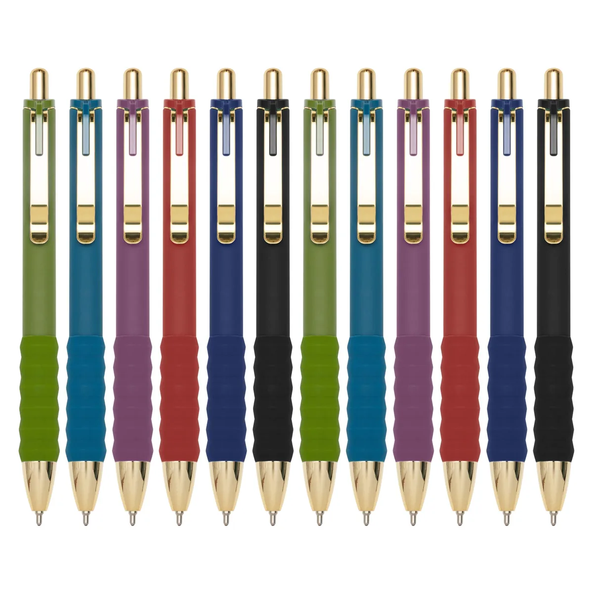 Twelve black ballpoint pens with soft grip in plastic packaging