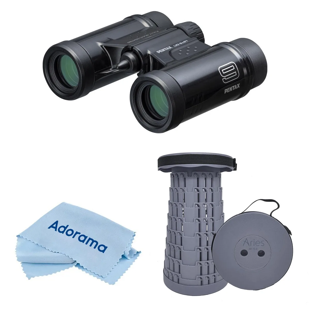 PENTAX PENTAX UD 9x21 Roof Prism Binoculars, Black, Bundle with Stool and Cleaning Cloth — product photo