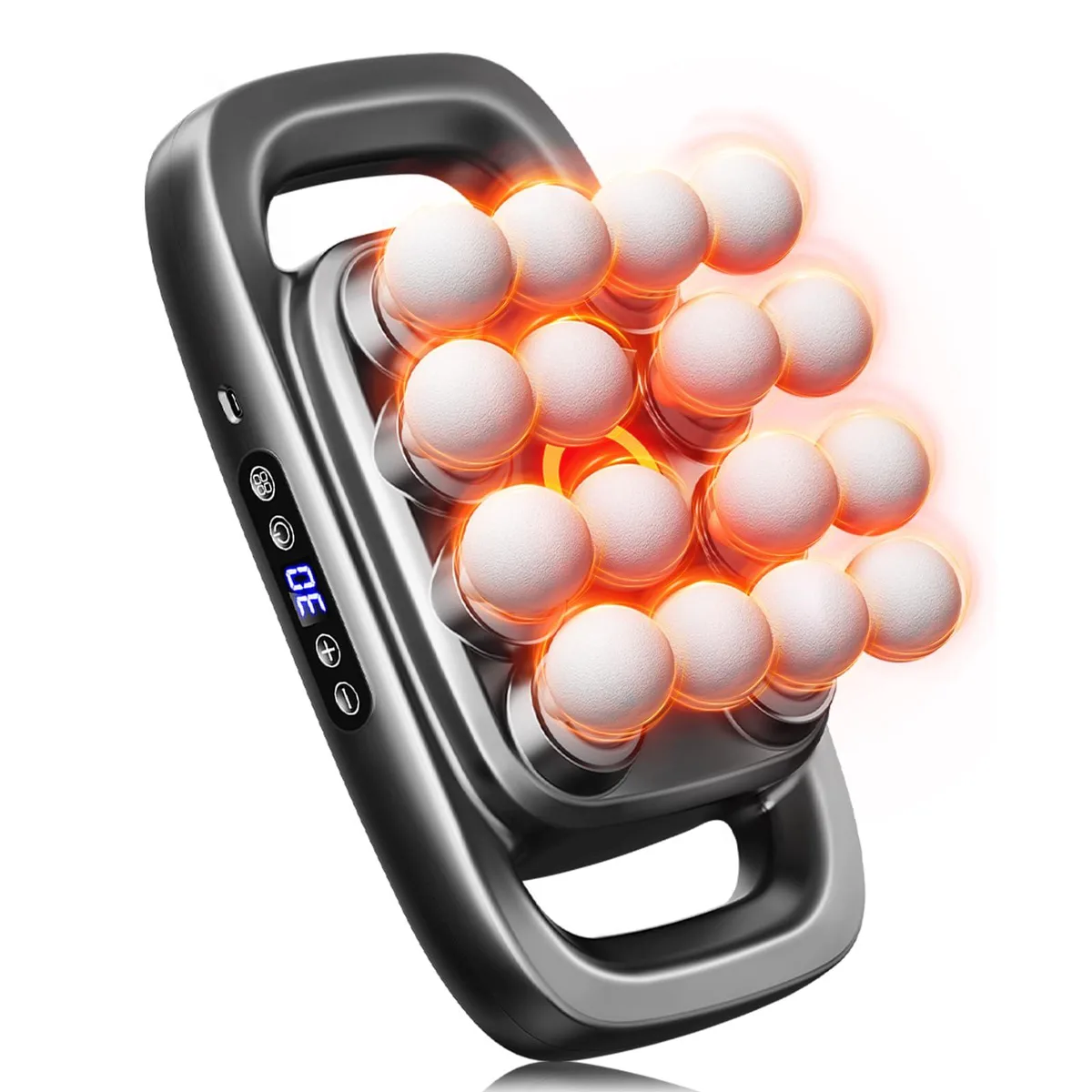 Black Feyano massage gun with 16 interchangeable heads and Type-C charging port