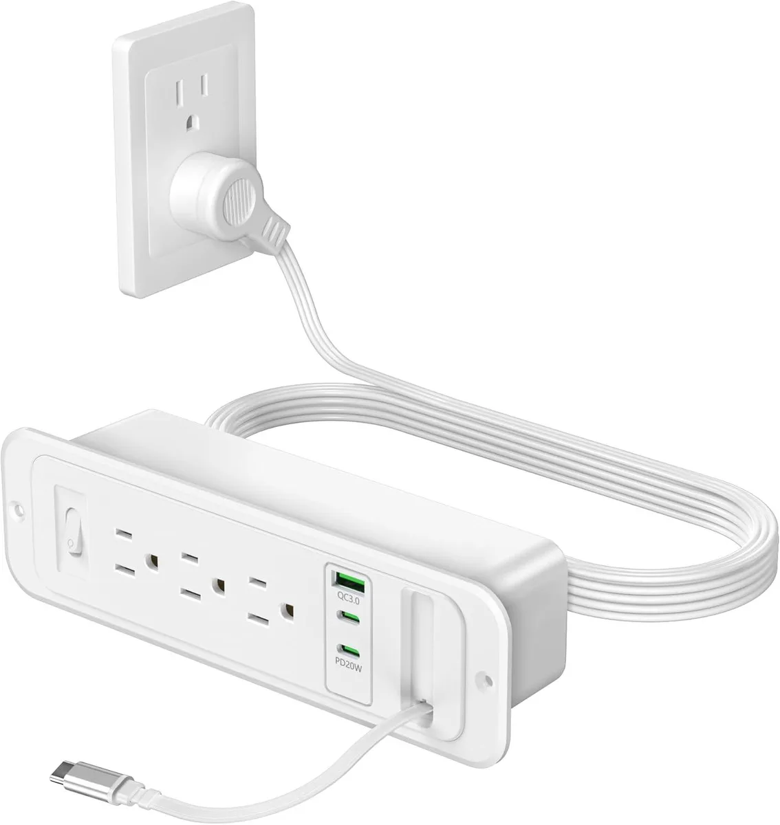 BFKK BFKK Recessed Power Strip with Retractable USB-C Cable (White, 6ft) — product photo