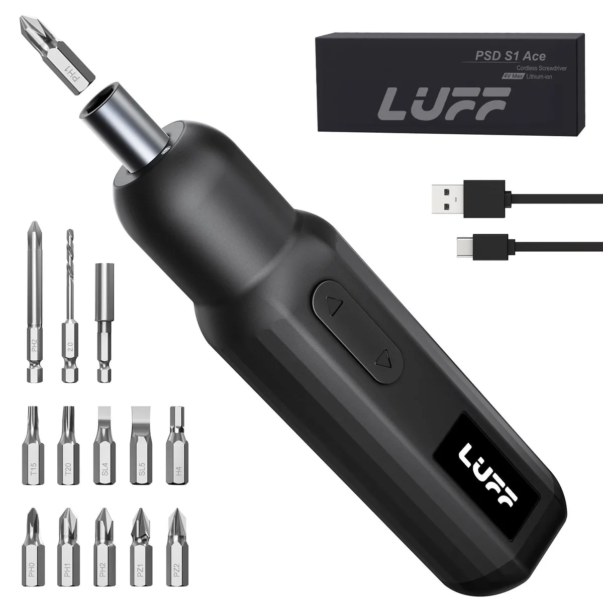 Matte black cordless screwdriver with USB-C cable and 12 bits