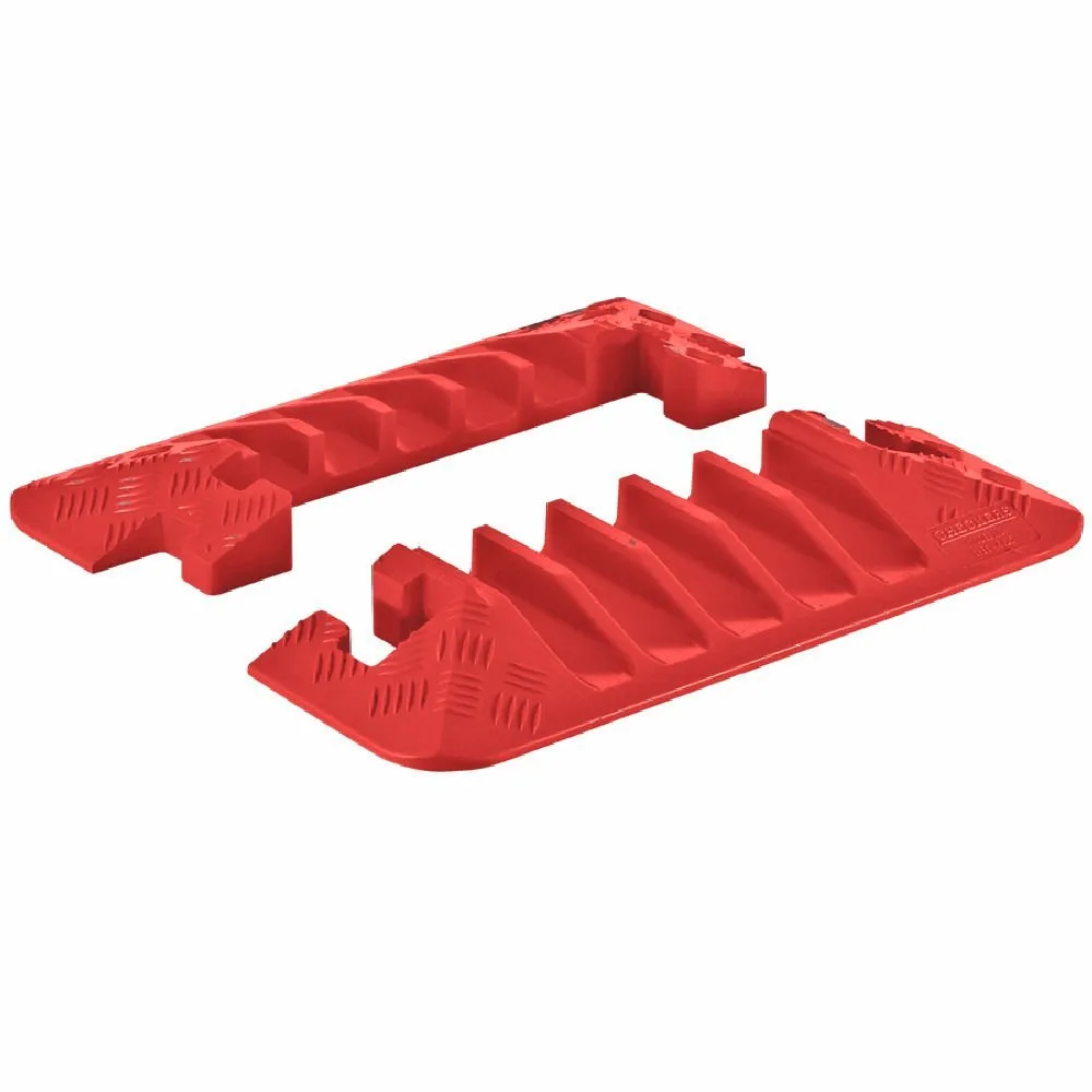 Orange polyurethane hinged cable protector end cap, five channels, serrated texture, one pair