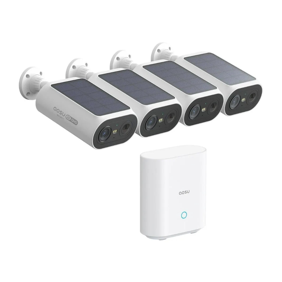 Four white outdoor cameras with integrated solar panels and a home base unit