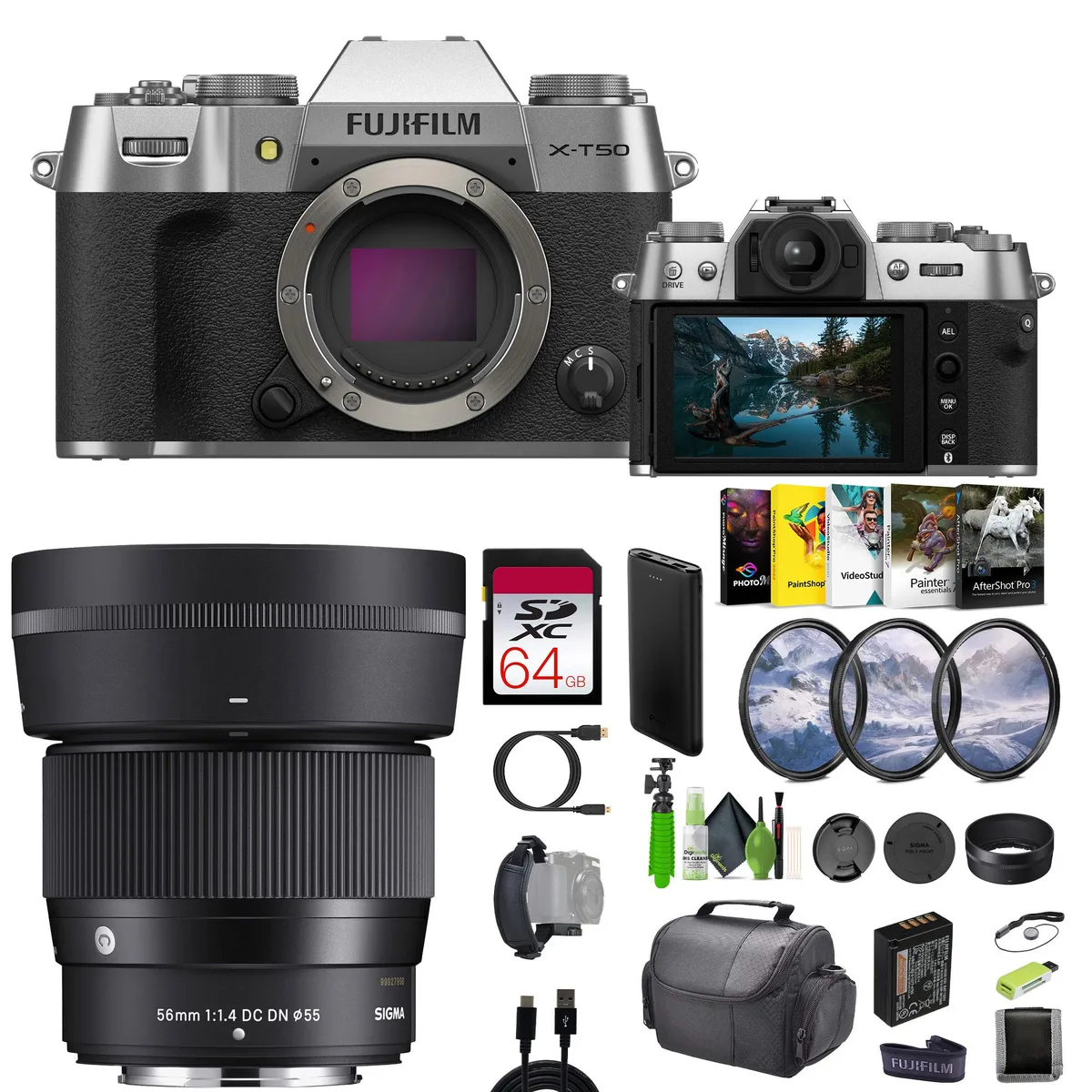 FUJIFILM FUJIFILM X-T50 Silver + Sigma 56mm f/1.4 + 64GB + Bag + Tripod camera kit — product photo