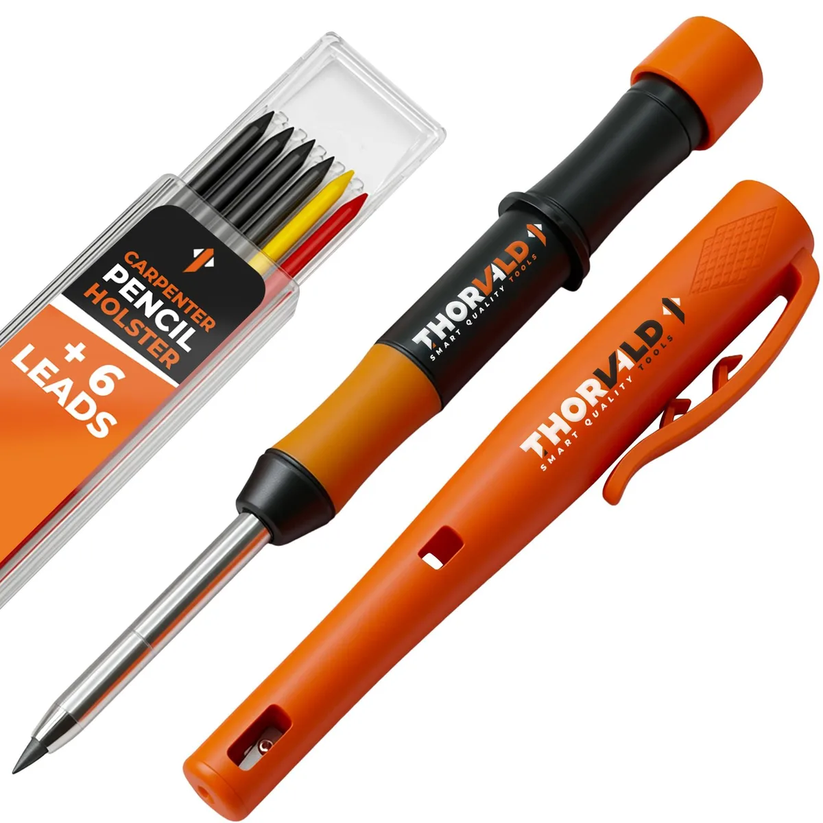 Blue carpenter pencil with holster and clip