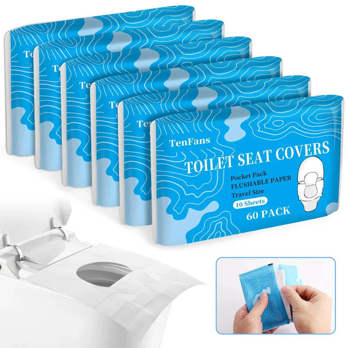 Pack of 60 flushable biodegradable toilet seat covers in resealable pouches