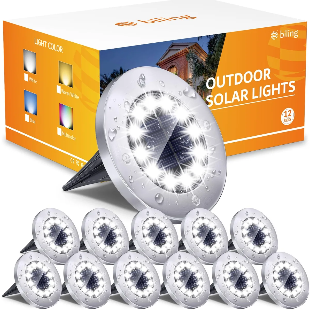 Twelve flat stainless-steel solar disks in chrome finish