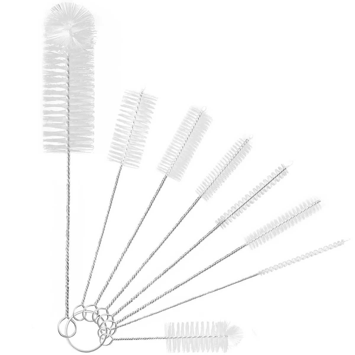 Eight-piece bottle and straw cleaning kit with nylon bristles and flexible stainless steel handles