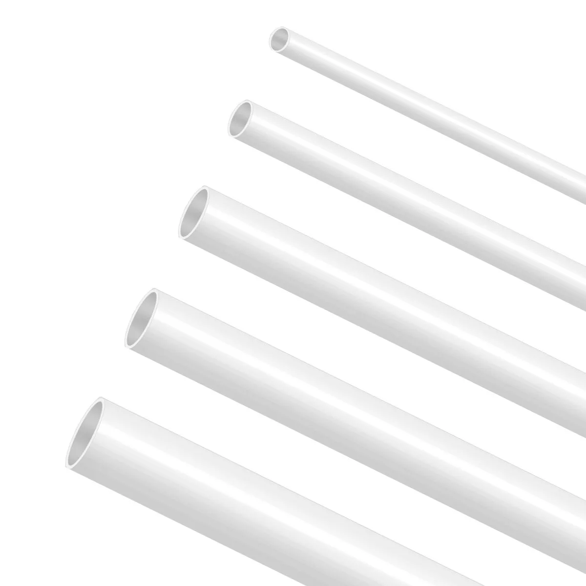 Twenty-five white ABS hollow tubes in five sizes laid flat
