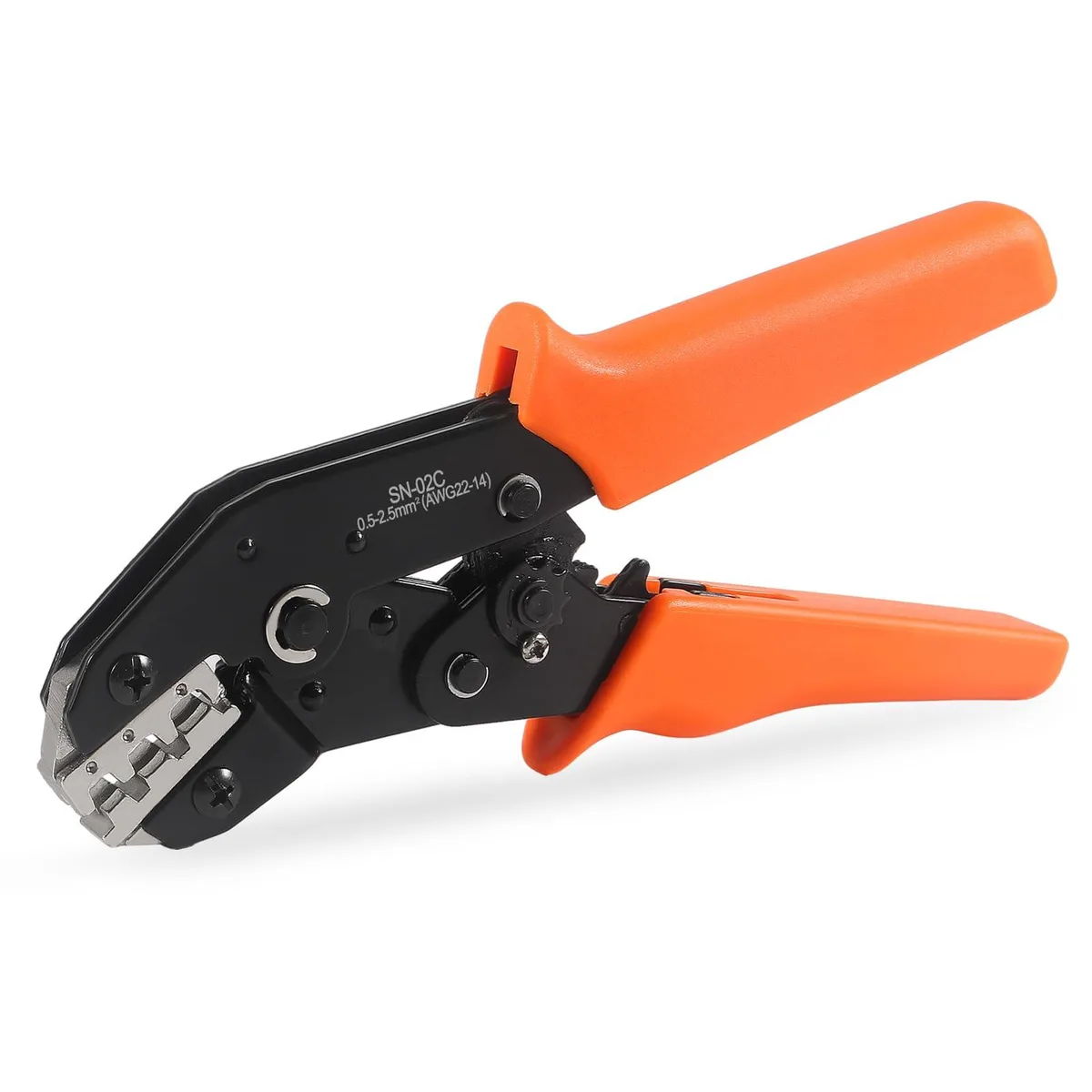 Red ratcheting crimping tool with cushioned handles and adjustable compression wheel