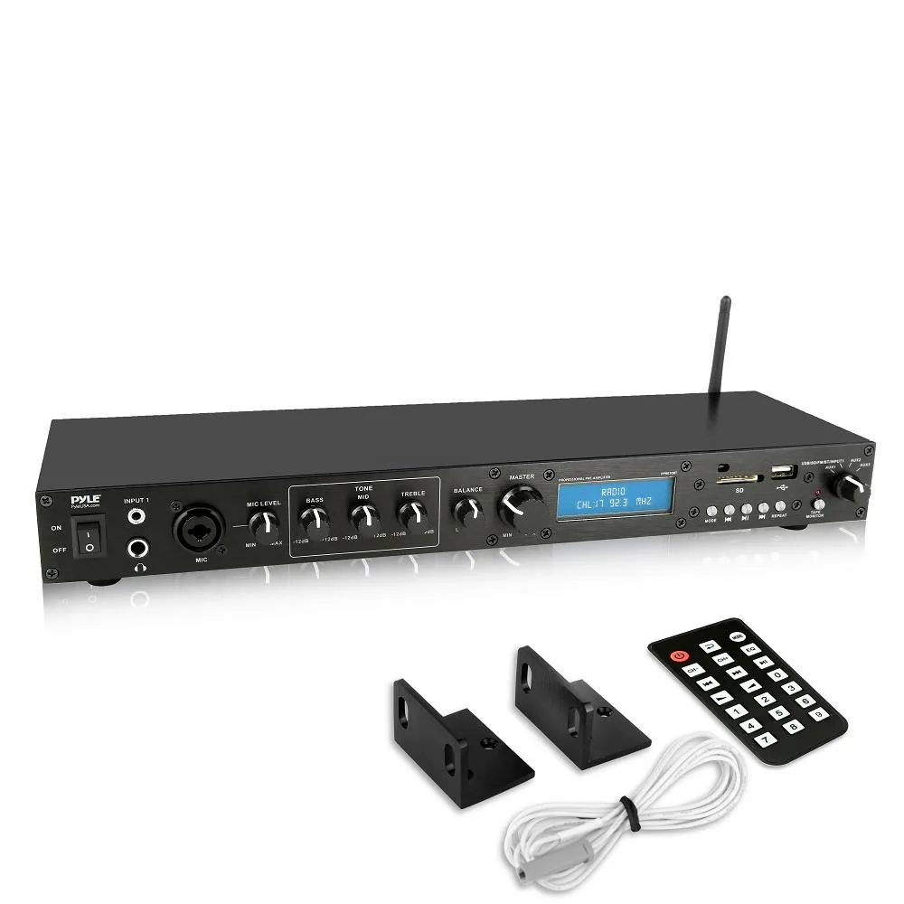 Black rack-mount amplifier receiver with front panel controls and display