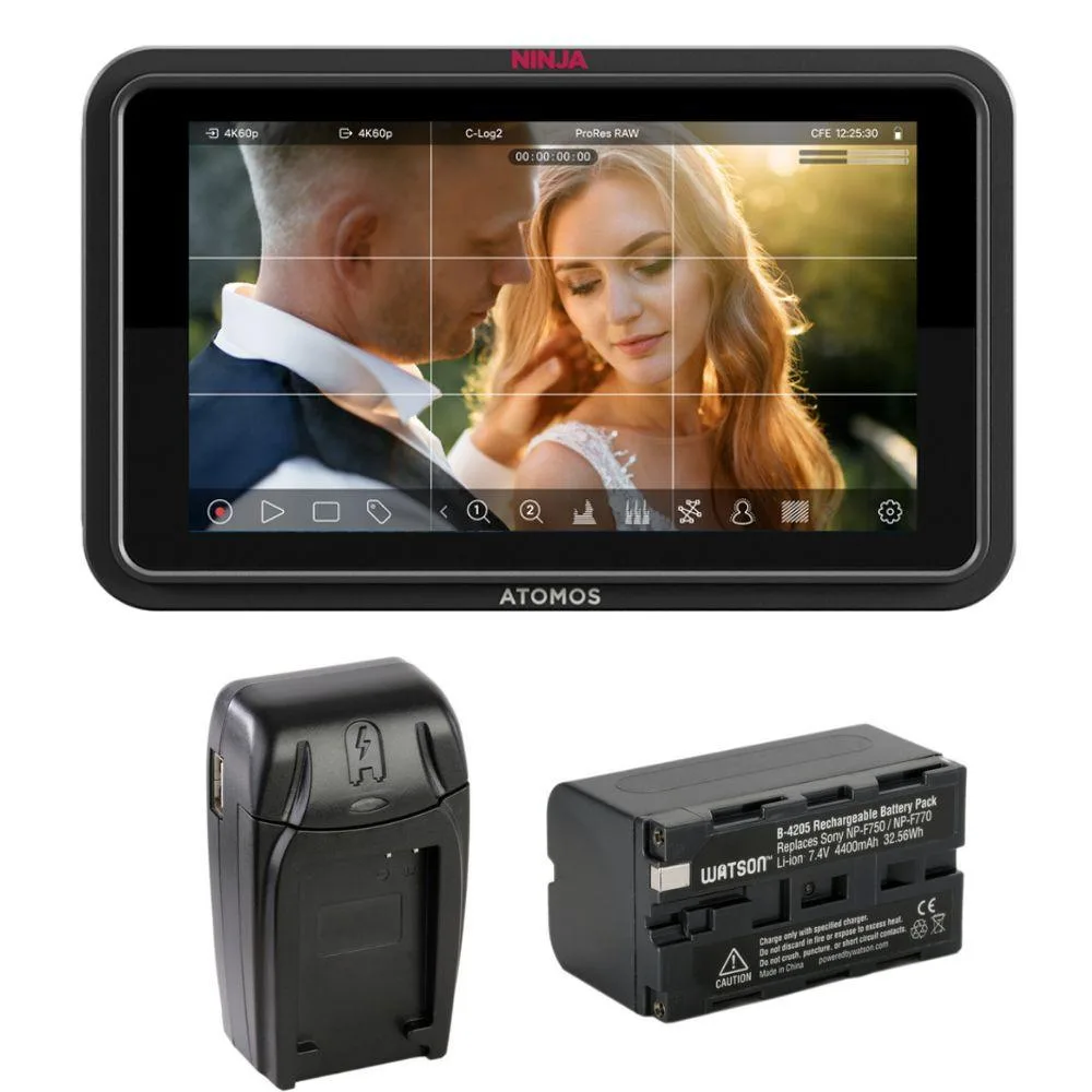 Atomos Atomos Ninja TX GO 5-inch monitor-recorder bundle with Watson NP-F770 battery and charger — product photo