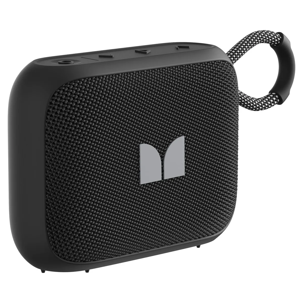 Black cylindrical portable speaker with a woven carry strap, smooth matte finish and compact rounded ends